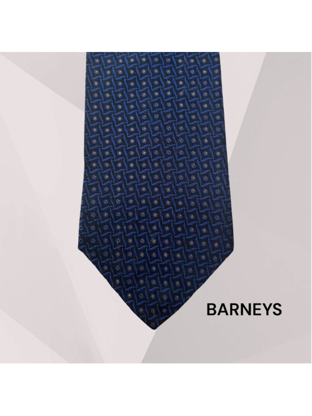 Barneys New York Tie Blue Gold Geometric Pattern Silk Necktie